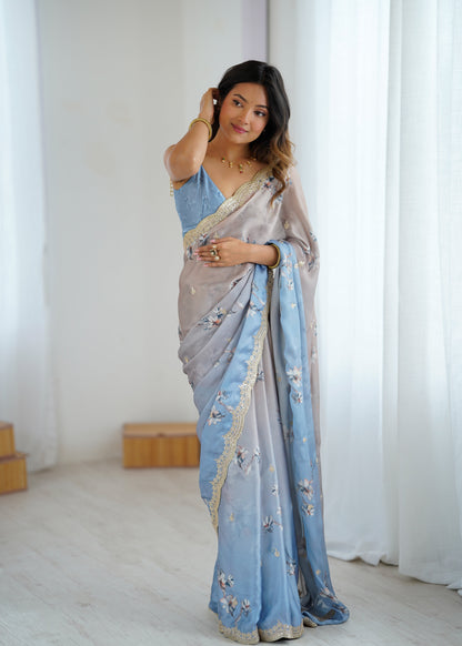 Sky Two Tone Satin Silk Sequins Embroidery Ready to Wear Saree 