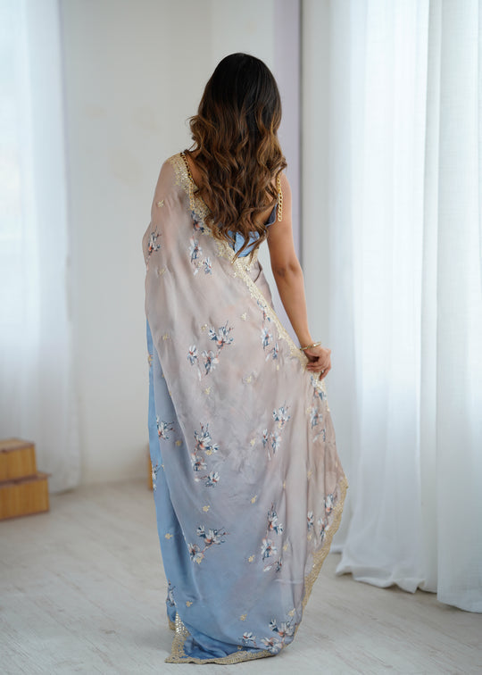 Sky Two Tone Satin Silk Sequins Embroidery Ready to Wear Saree 