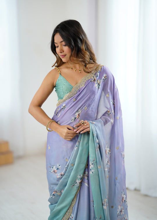 Purple Two Tone Satin Silk Sequins Embroidery Ready to Wear Saree 