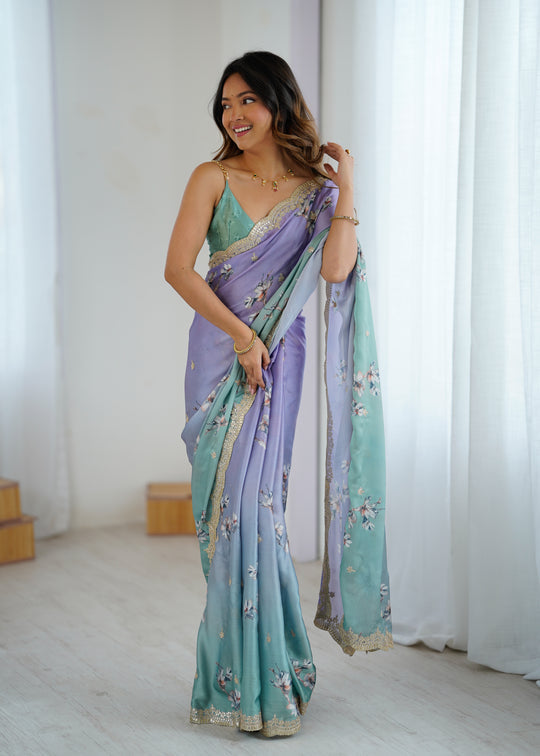 Purple Two Tone Satin Silk Sequins Embroidery Ready to Wear Saree 