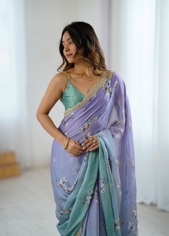 Purple Two Tone Satin Silk Sequins Embroidery Ready to Wear Saree 