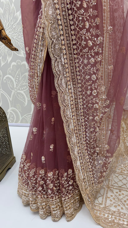 Wine Pure Premium Net Handwork Kasti &amp; Motif Zari Metallic Sequins Work Wedding Saree