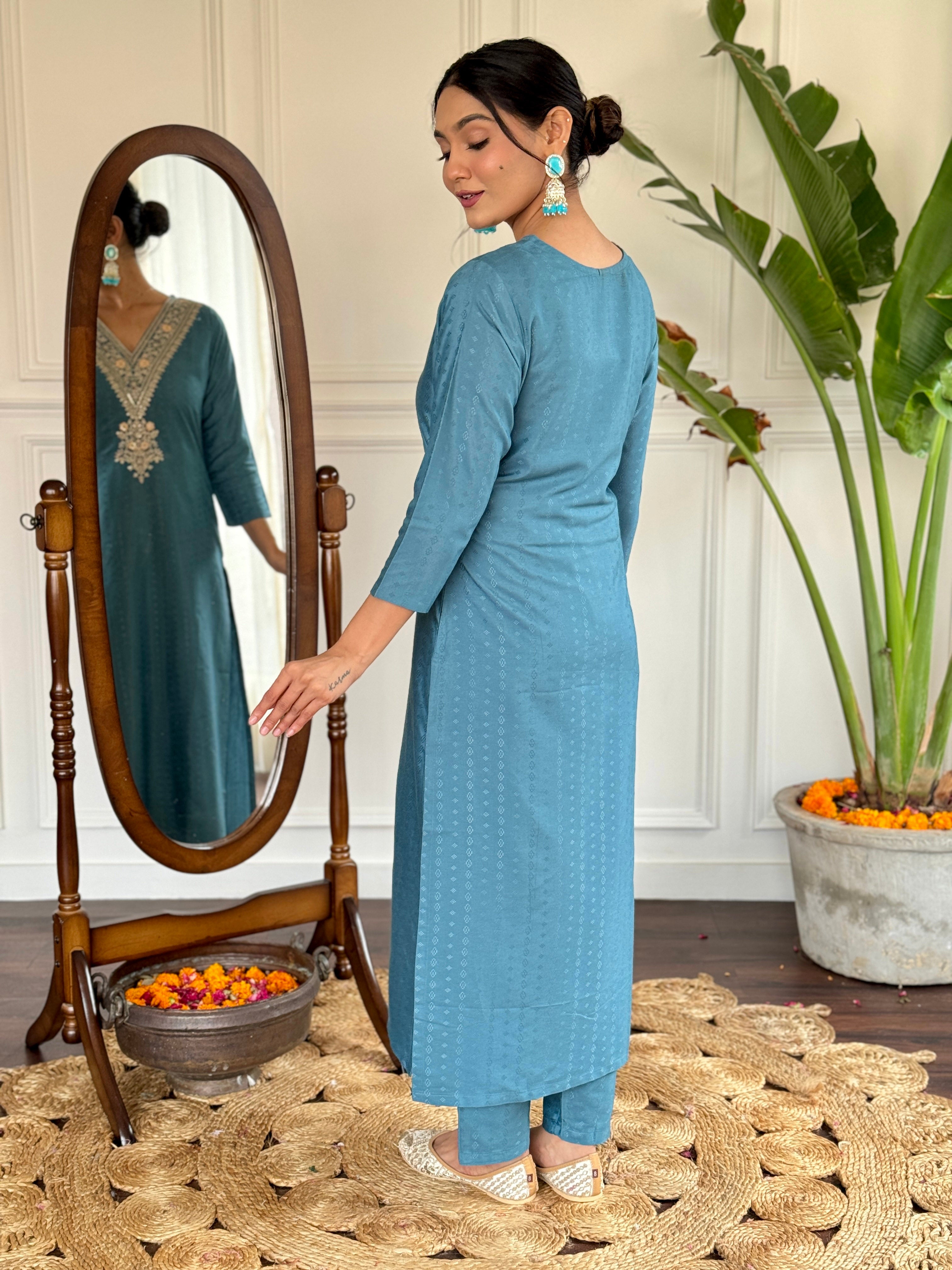 Teal Blue Viscose Rayon Kurti Set