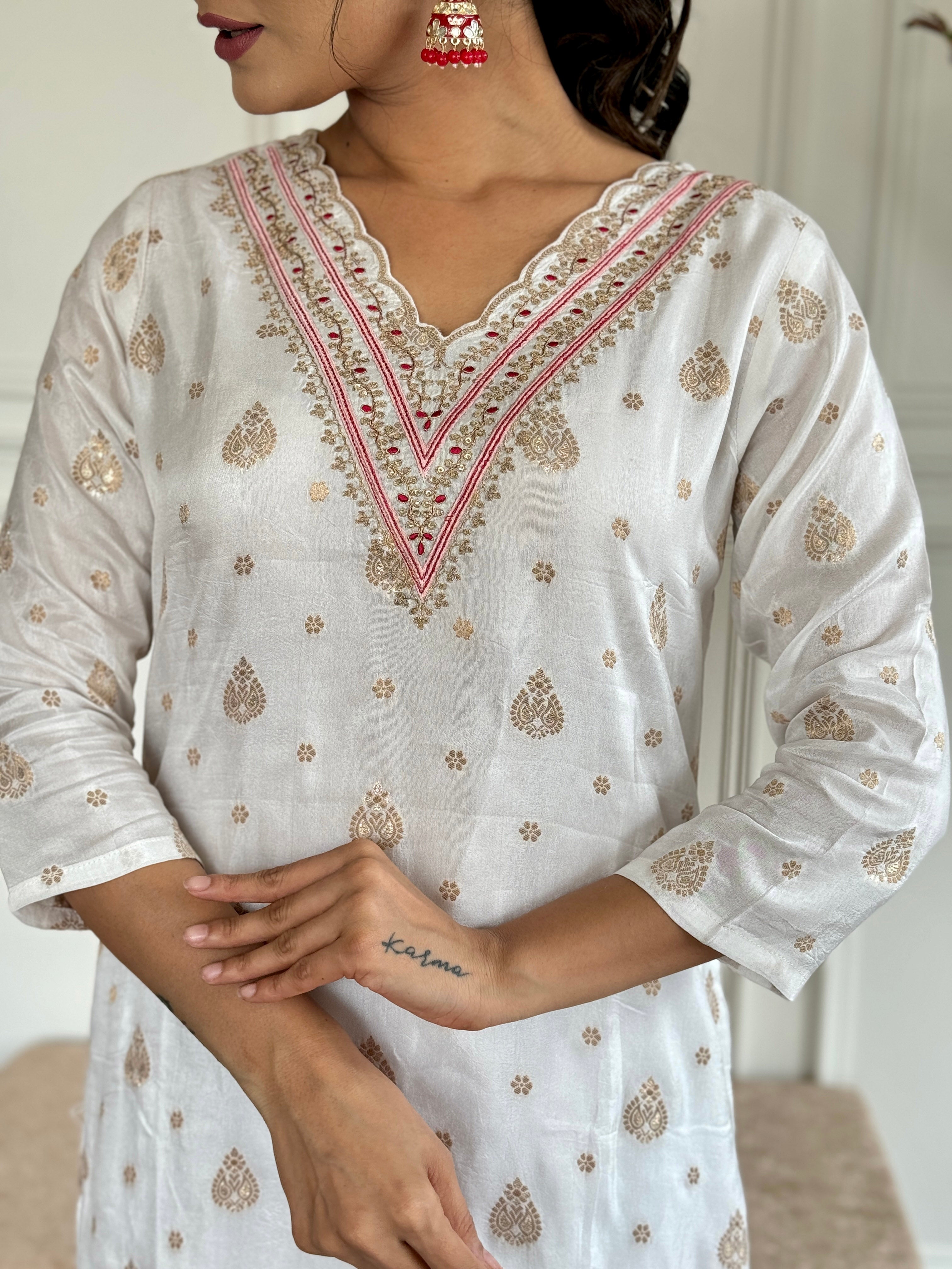 White Jacquard Kurti Set with Red Dupatta