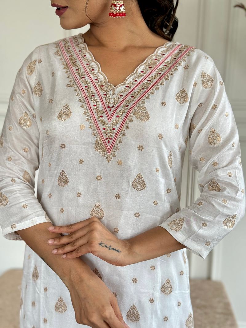 White Jacquard Kurti Set with Red Dupatta