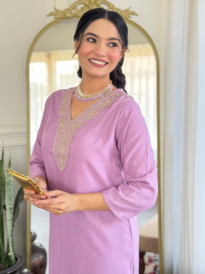 Lavender Viscose Kurti Set with Tie-Dye Nazneen Dupatta