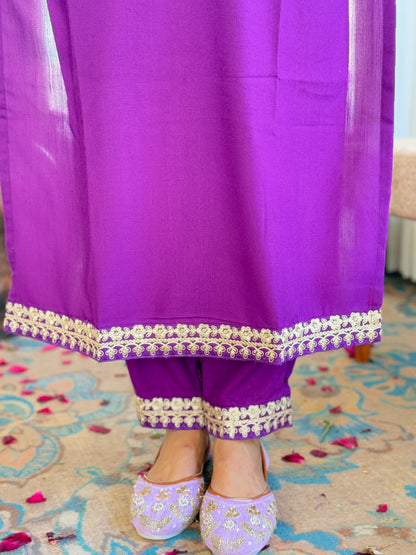 Purple Embroidered Kurti Set with Floral Chinnon Dupatta