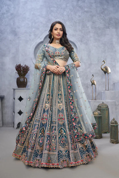 Grey Banarasi Silk Lehenga Choli with Heavy Thread &amp; Sequin Embroidery
