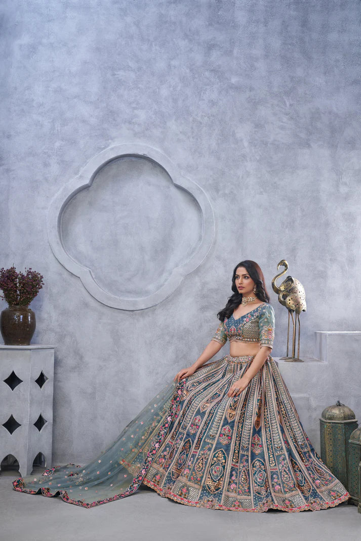 Grey Banarasi Silk Lehenga Choli with Heavy Thread &amp; Sequin Embroidery