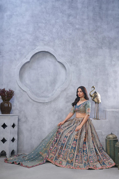 Grey Banarasi Silk Lehenga Choli with Heavy Thread &amp; Sequin Embroidery