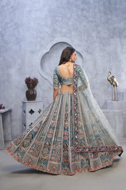 Grey Banarasi Silk Lehenga Choli with Heavy Thread &amp; Sequin Embroidery