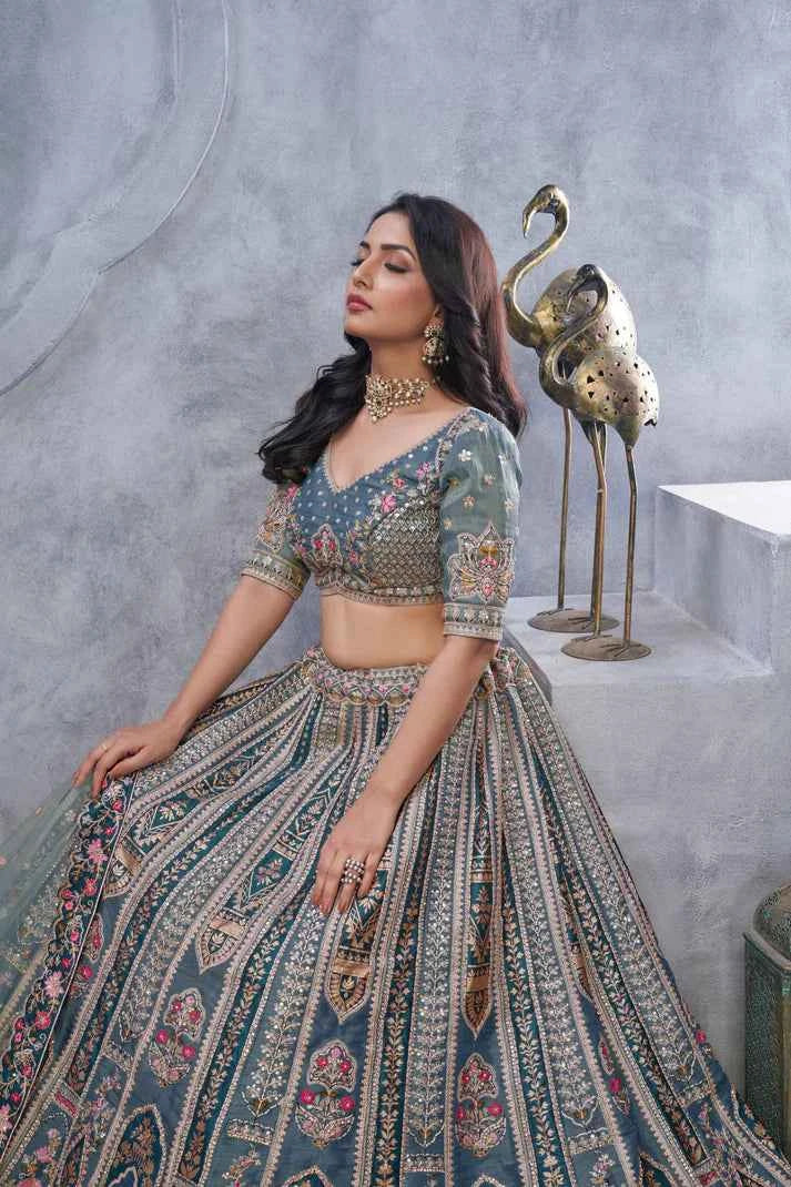Grey Banarasi Silk Lehenga Choli with Heavy Thread &amp; Sequin Embroidery