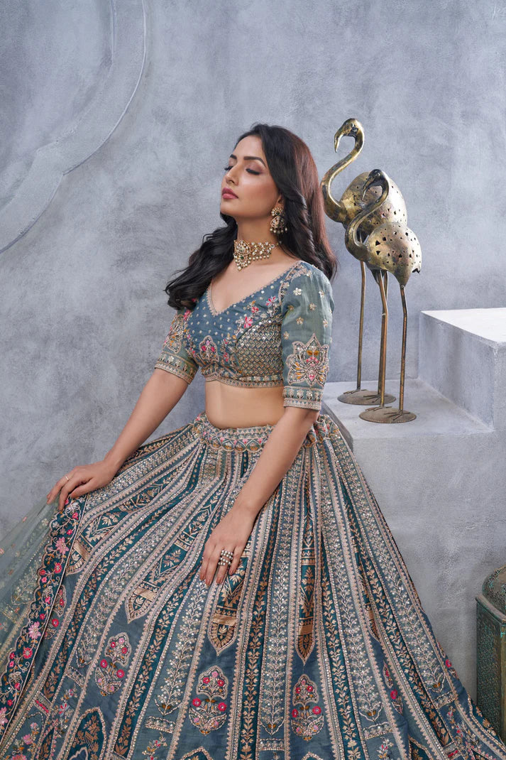 Grey Banarasi Silk Lehenga Choli with Heavy Thread &amp; Sequin Embroidery