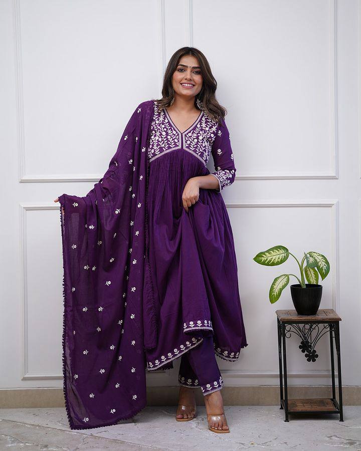Royal Purple Vichitra Silk Anarkali Kurti Set with Silk Dupatta