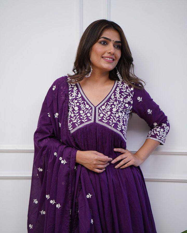 Royal Purple Vichitra Silk Anarkali Kurti Set with Silk Dupatta