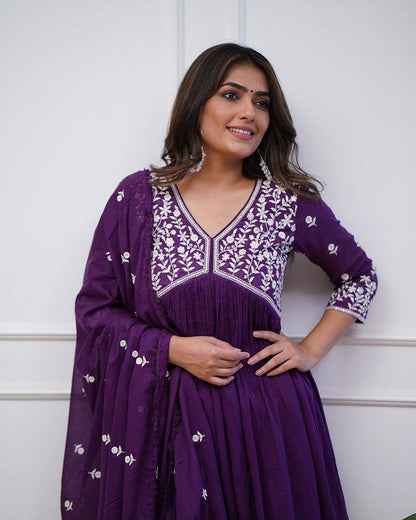 Royal Purple Vichitra Silk Anarkali Kurti Set with Silk Dupatta