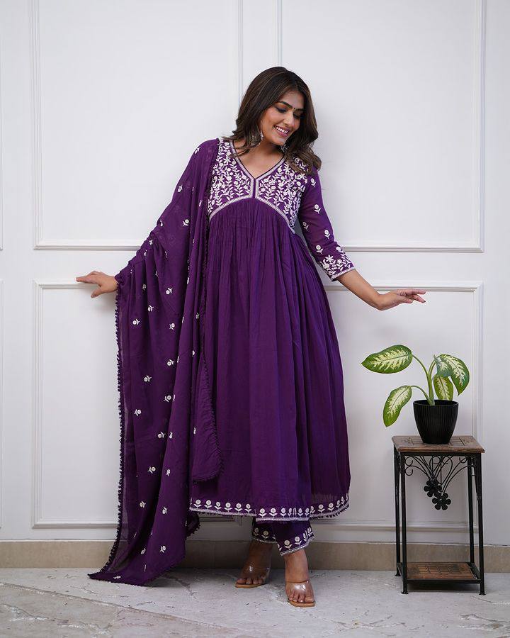 Royal Purple Vichitra Silk Anarkali Kurti Set with Silk Dupatta