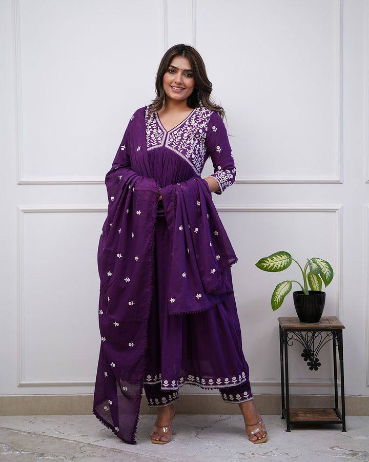 Royal Purple Vichitra Silk Anarkali Kurti Set with Silk Dupatta