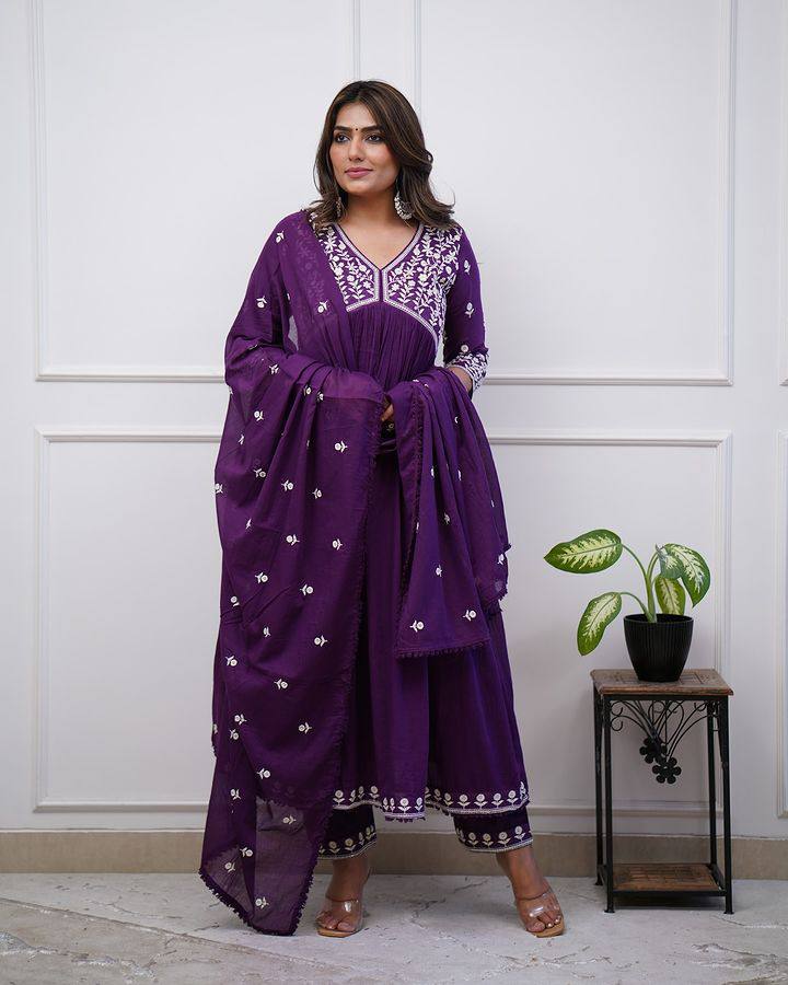 Royal Purple Vichitra Silk Anarkali Kurti Set with Silk Dupatta