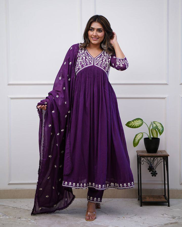 Royal Purple Vichitra Silk Anarkali Kurti Set with Silk Dupatta
