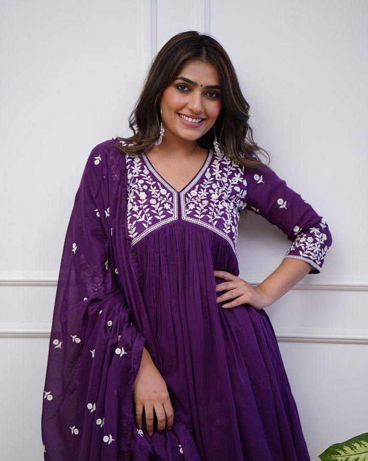 Royal Purple Vichitra Silk Anarkali Kurti Set with Silk Dupatta