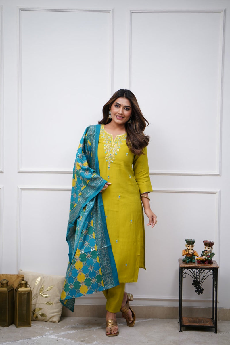 Mustard Yellow Viscose Chanderi Kurti Set with Dupatta