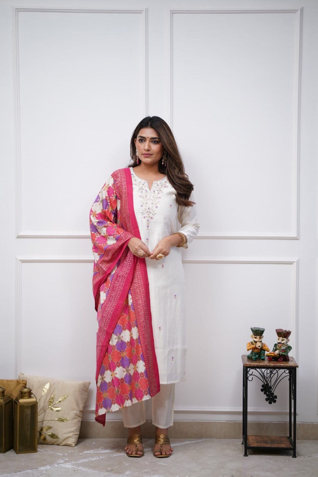 White Viscose Chanderi Kurti Set with Embroidered Dupatta