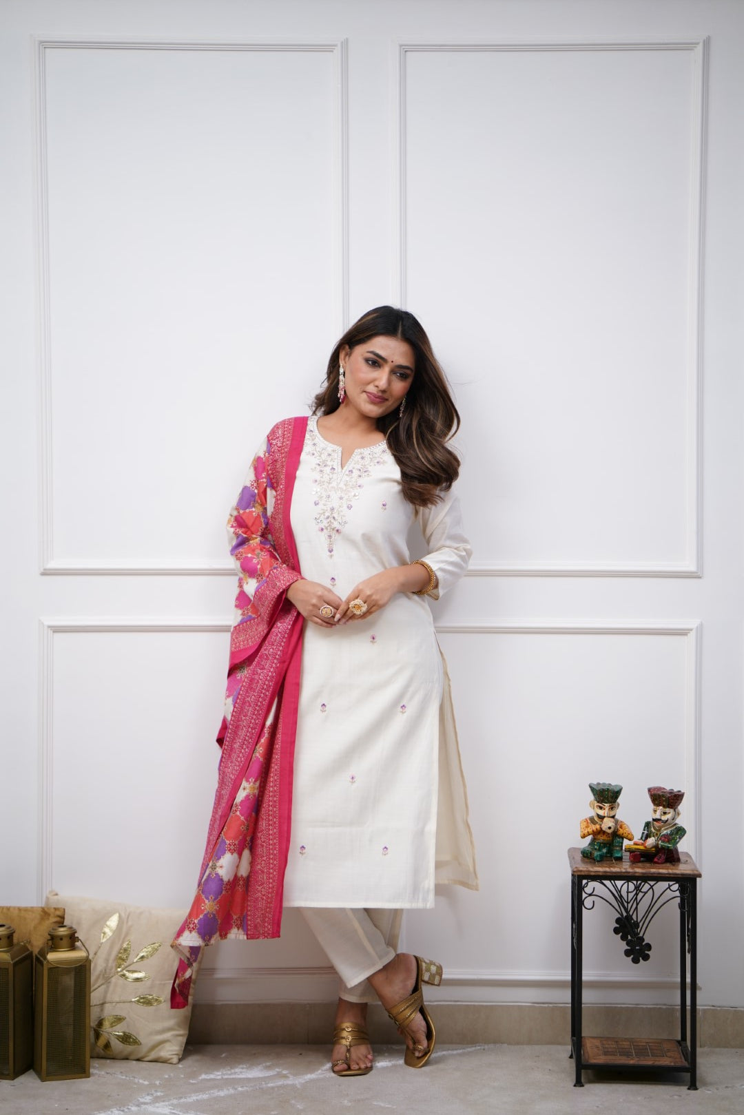 White Viscose Chanderi Kurti Set with Embroidered Dupatta
