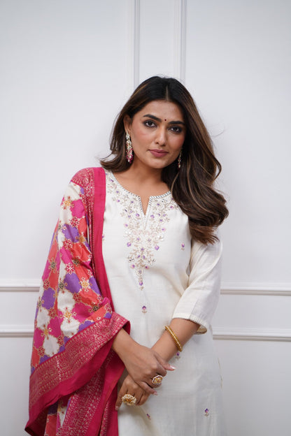 White Viscose Chanderi Kurti Set with Embroidered Dupatta