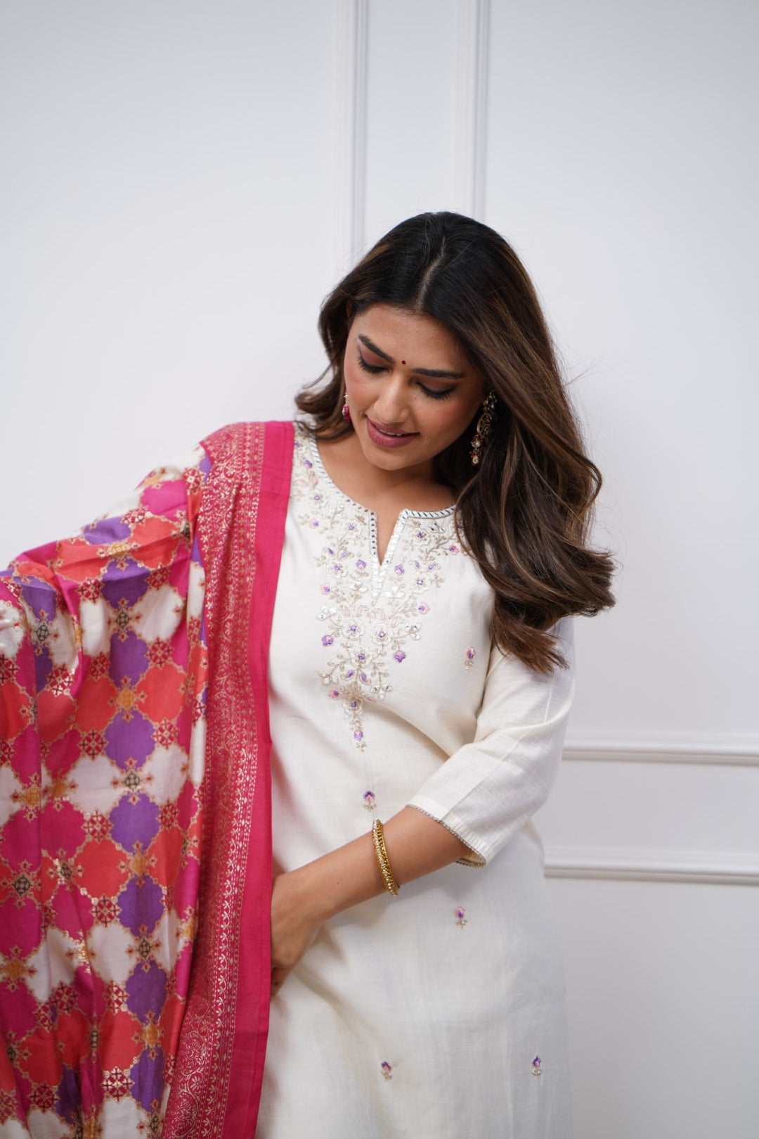 White Viscose Chanderi Kurti Set with Embroidered Dupatta