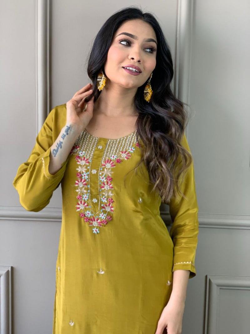 Yellow Viscose Chanderi Kurti Set with Jacquard Butti Dupatta