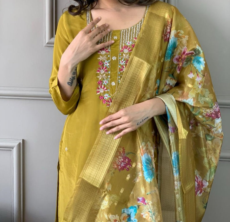 Yellow Viscose Chanderi Kurti Set with Jacquard Butti Dupatta