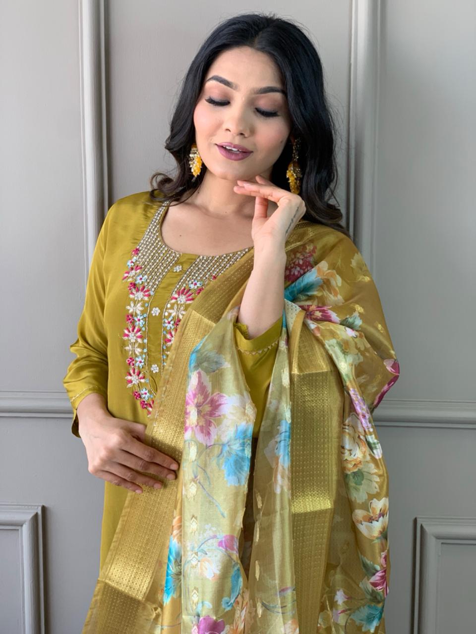 Yellow Viscose Chanderi Kurti Set with Jacquard Butti Dupatta