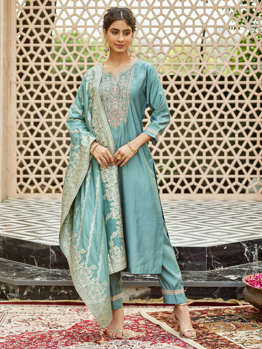 Teal Blue Viscose Chanderi Kurti Set with Jacquard Dupatta