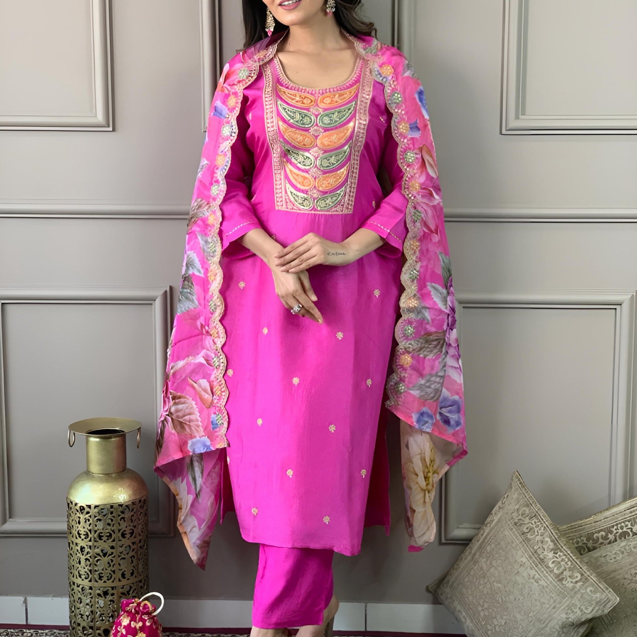 Rani Pink Viscose Chanderi Kurti Set with Tebby Dupatta