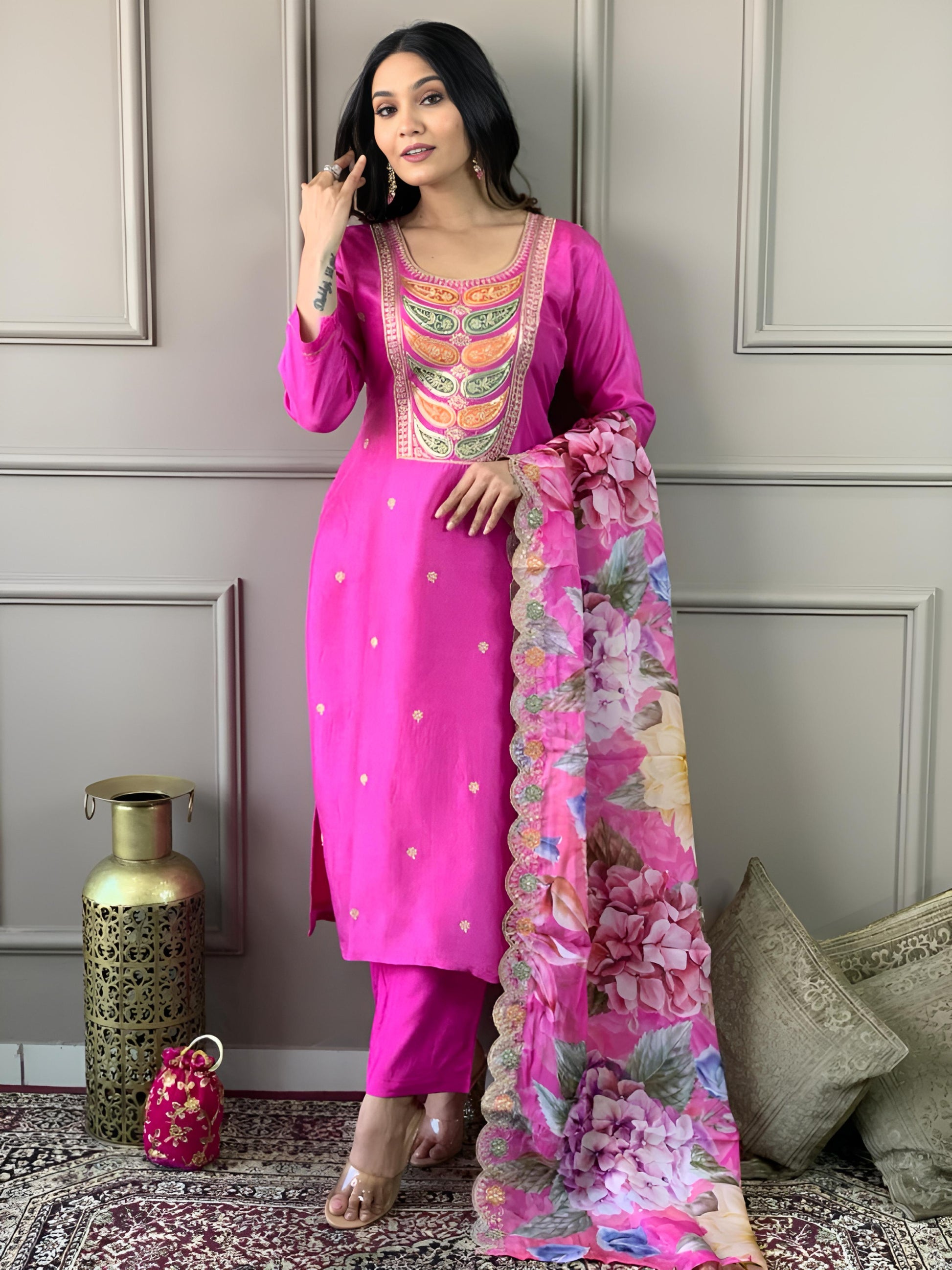 Rani Pink Viscose Chanderi Kurti Set with Tebby Dupatta