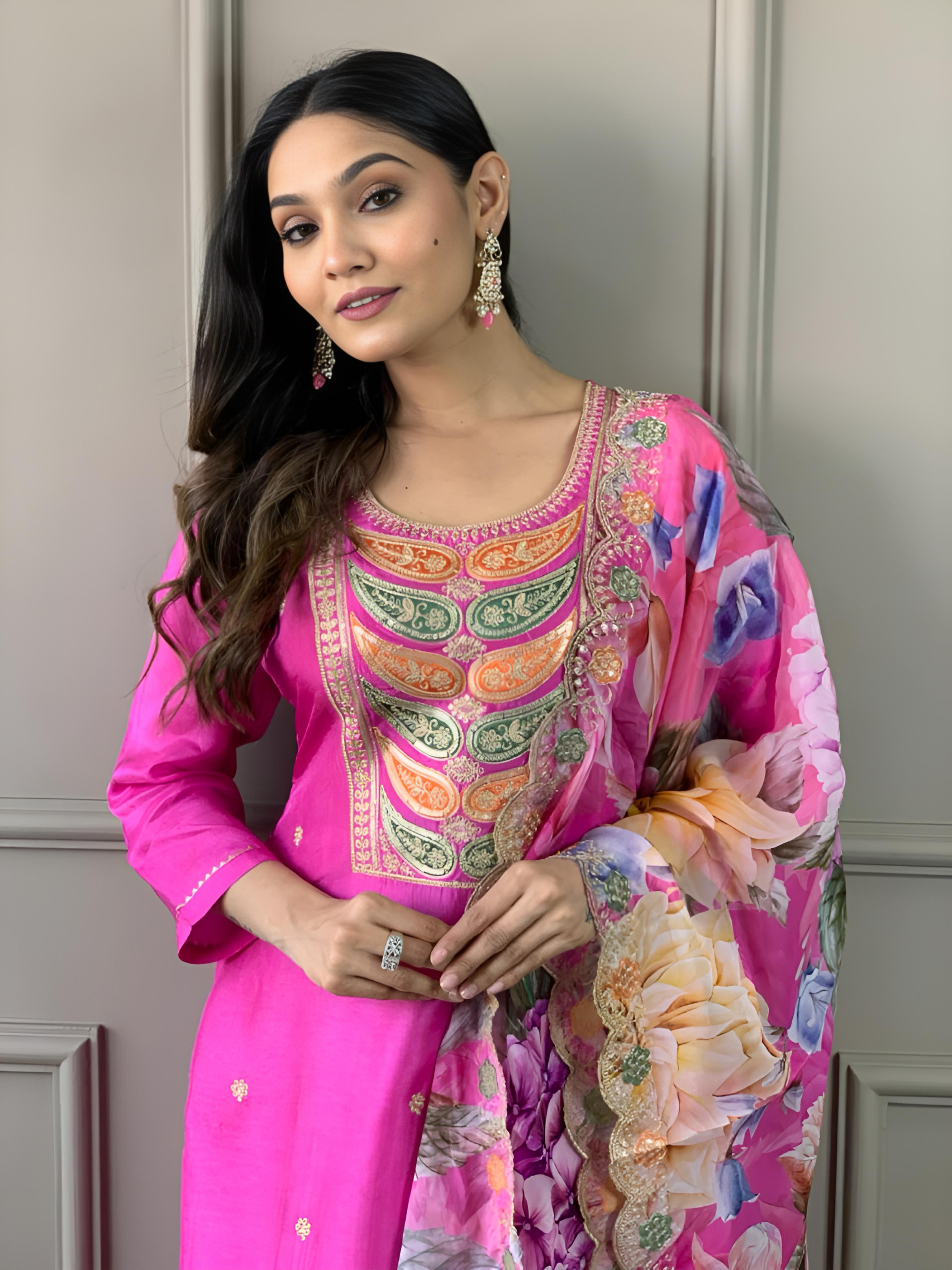 Rani Pink Viscose Chanderi Kurti Set with Tebby Dupatta