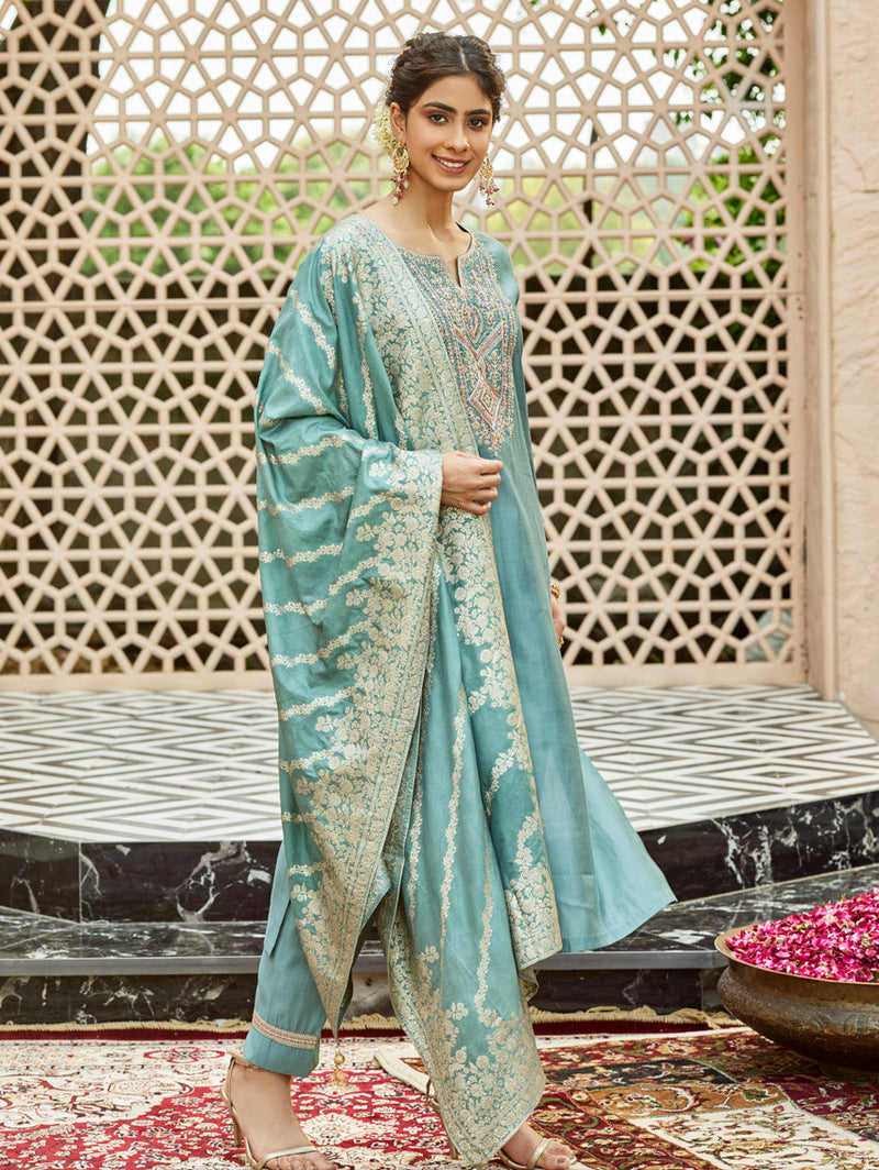 Teal Blue Viscose Chanderi Kurti Set with Jacquard Dupatta