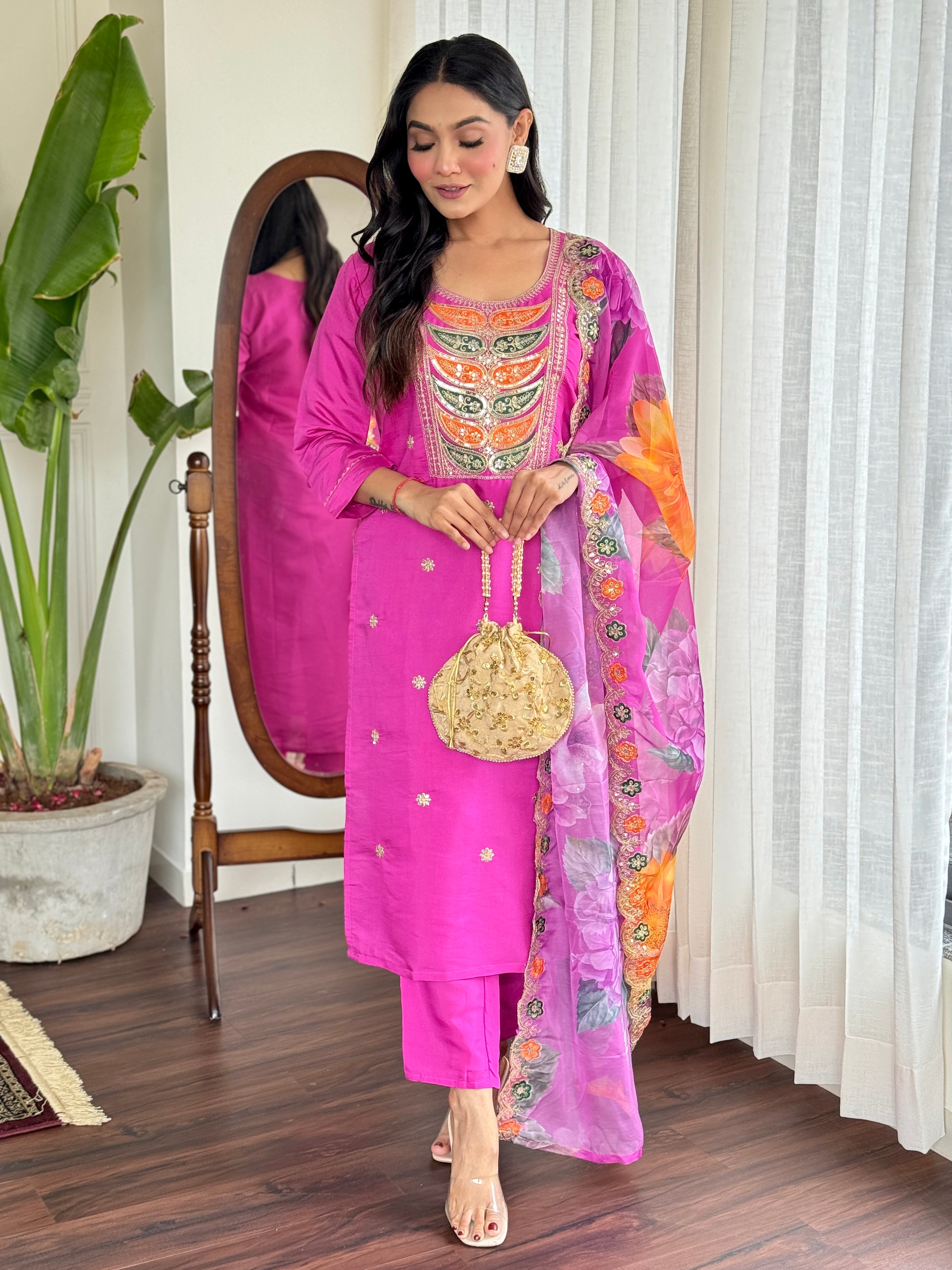 Rani Pink Viscose Chanderi Kurti Set with Tebby Dupatta