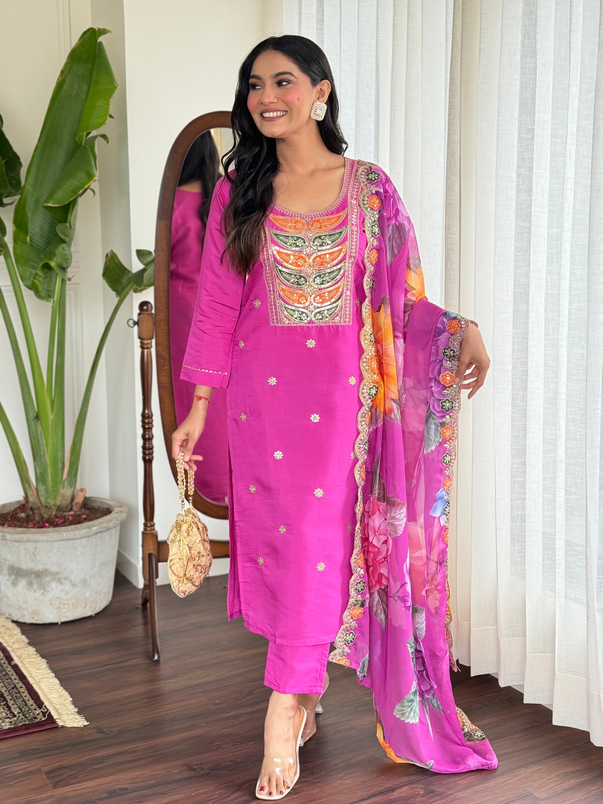 Rani Pink Viscose Chanderi Kurti Set with Tebby Dupatta