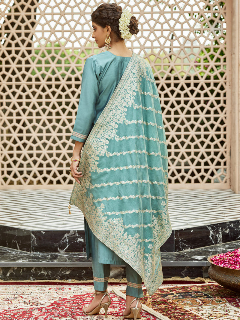 Teal Blue Viscose Chanderi Kurti Set with Jacquard Dupatta