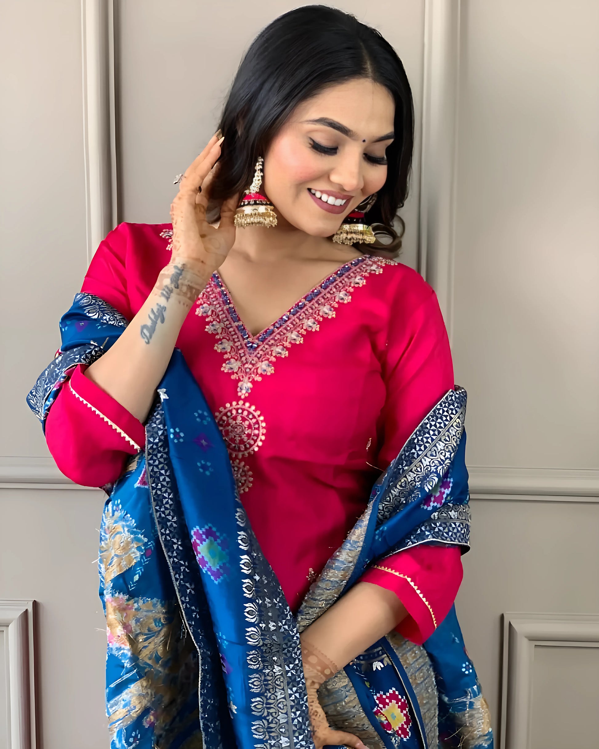 Pink Georgette Kurti Set with Viscose Jacquard Dupatta