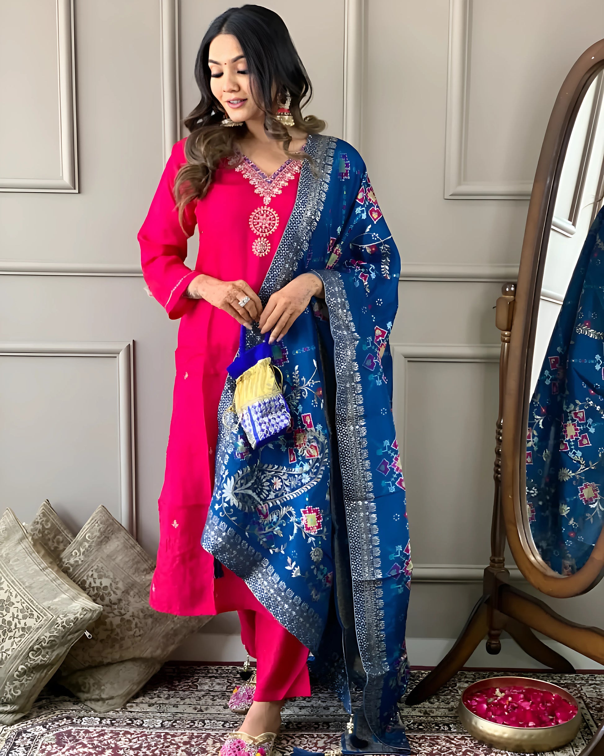 Pink Georgette Kurti Set with Viscose Jacquard Dupatta