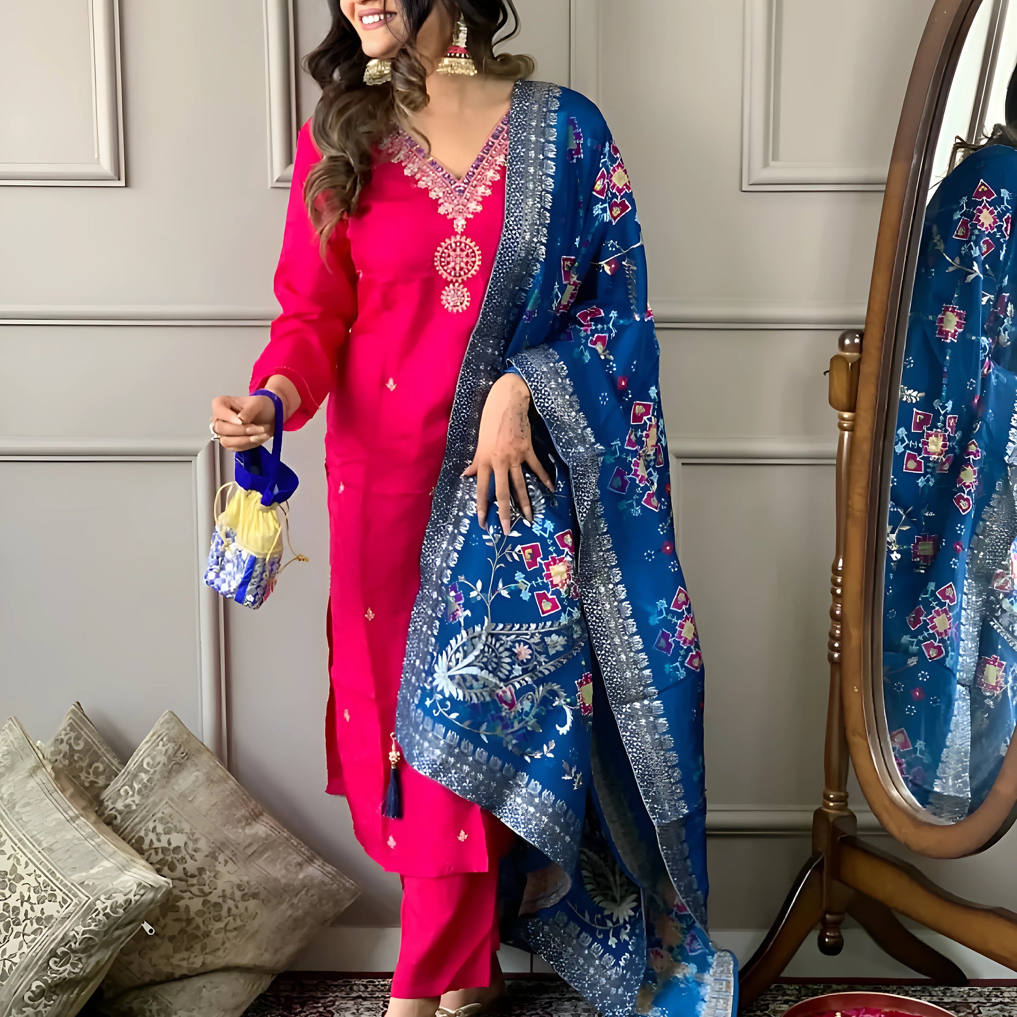 Pink Georgette Kurti Set with Viscose Jacquard Dupatta