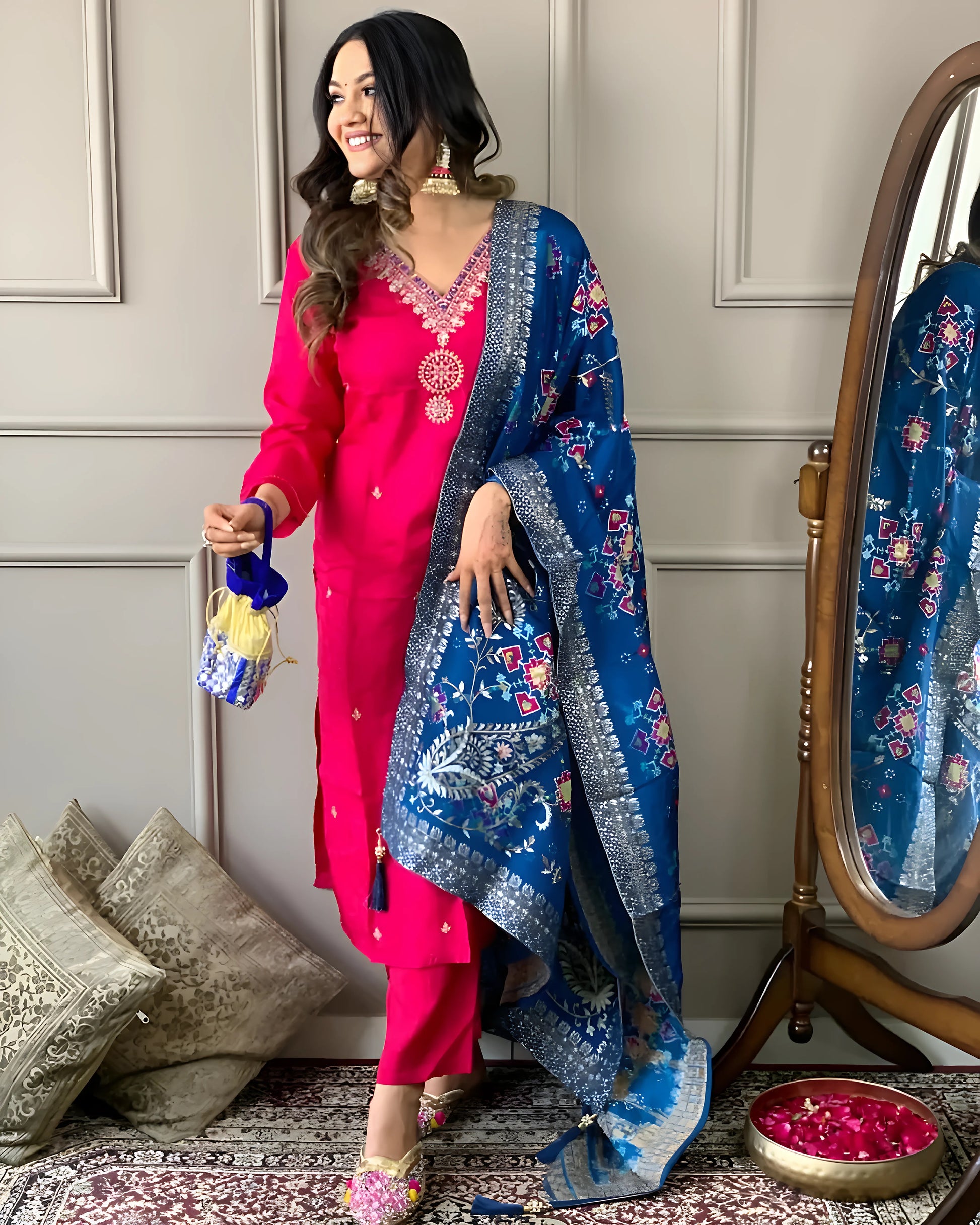 Pink Georgette Kurti Set with Viscose Jacquard Dupatta