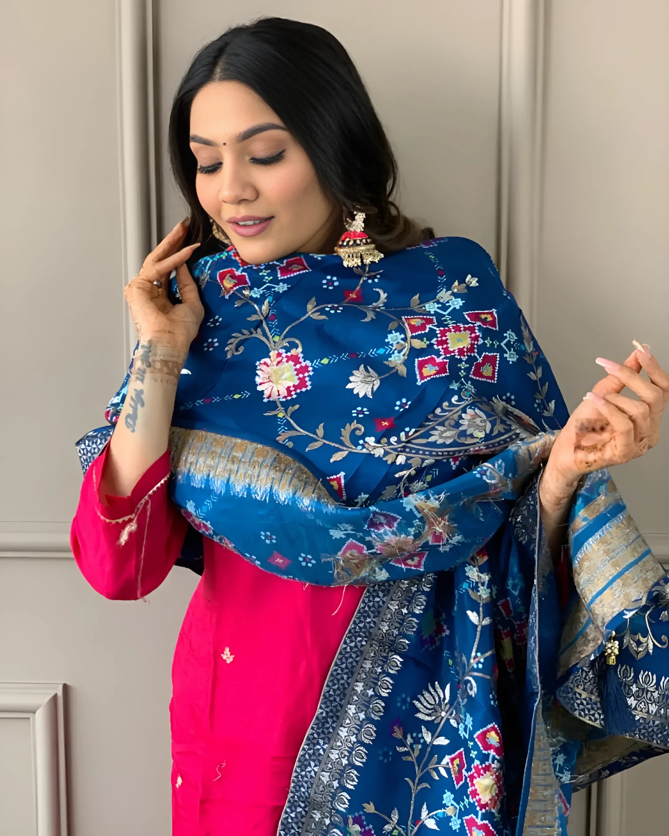 Pink Georgette Kurti Set with Viscose Jacquard Dupatta