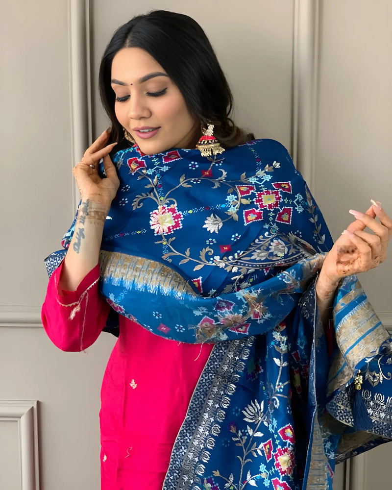 Pink Georgette Kurti Set with Viscose Jacquard Dupatta