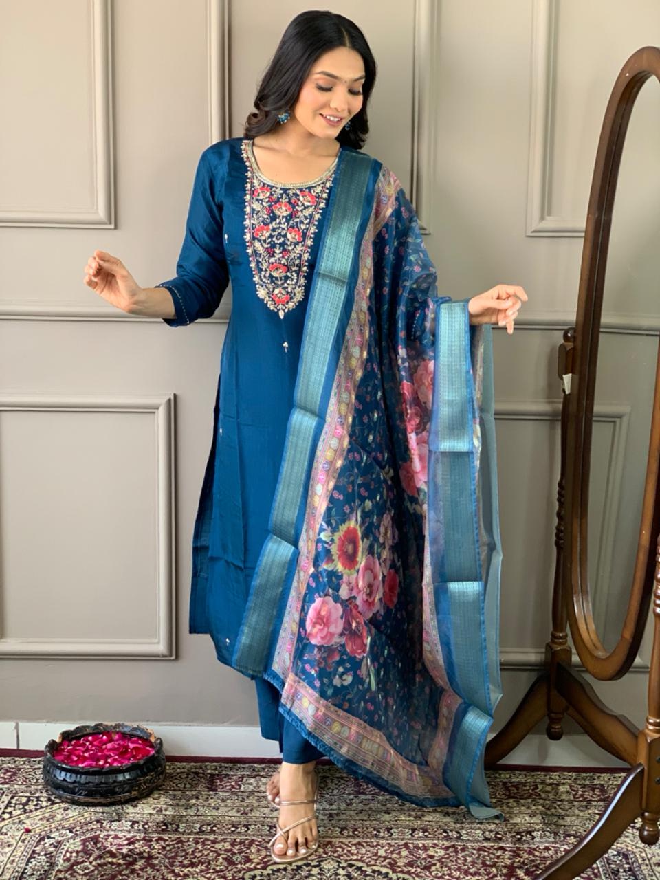 Navy Blue Georgette Kurti Set with Jacquard Butti Dupatta