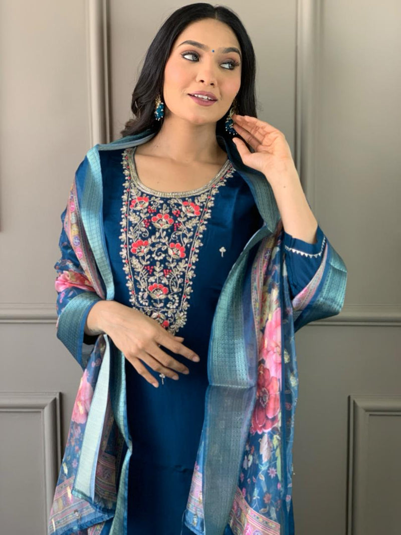 Navy Blue Georgette Kurti Set with Jacquard Butti Dupatta