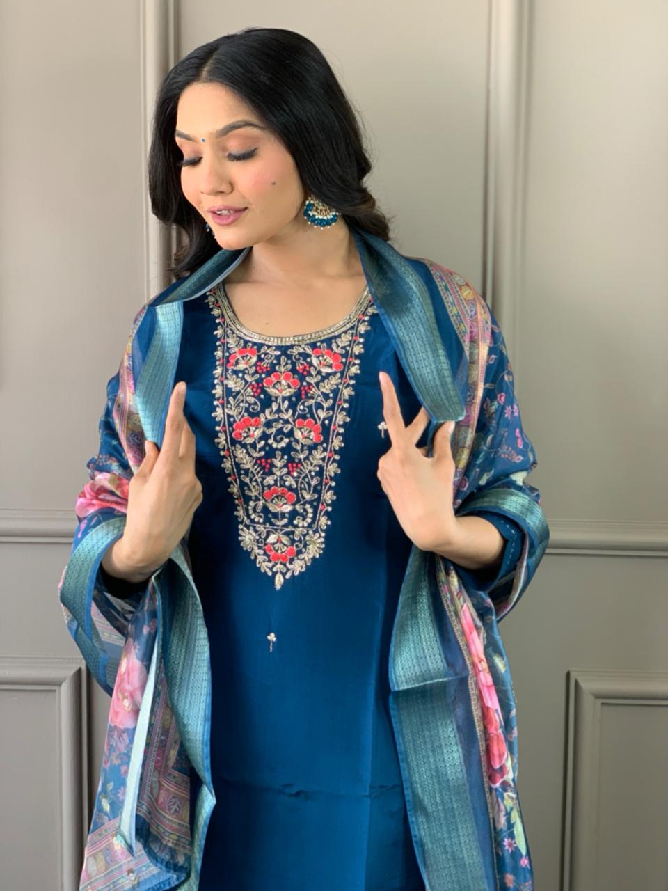 Navy Blue Georgette Kurti Set with Jacquard Butti Dupatta